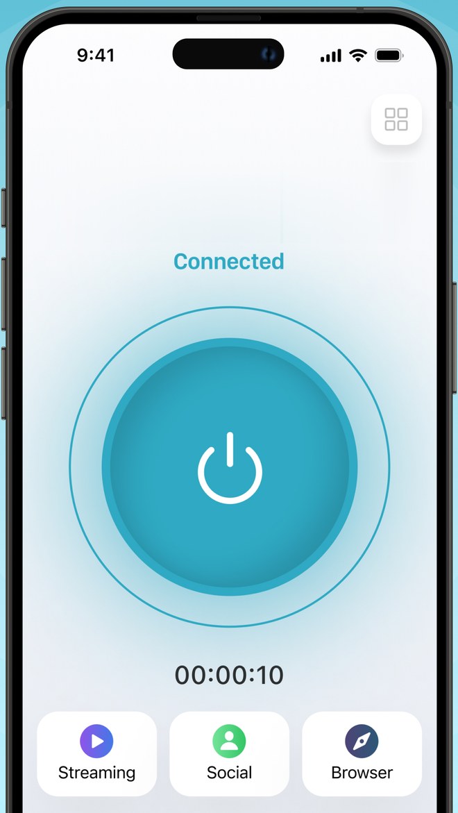 The VPN Defendr+ main screen on an iPhone: the status reads Connected, a large power button sits in the middle with a session timer beneath it, and shortcuts for Streaming, Social and Browser run along the bottom.